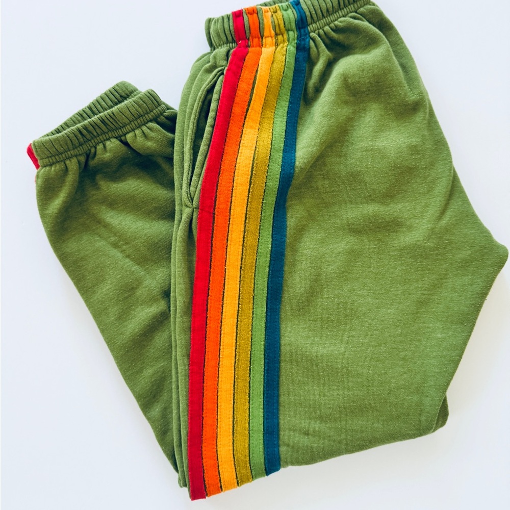 Aviator Nation Green and Red Sweatpants with Rainbow Stripes